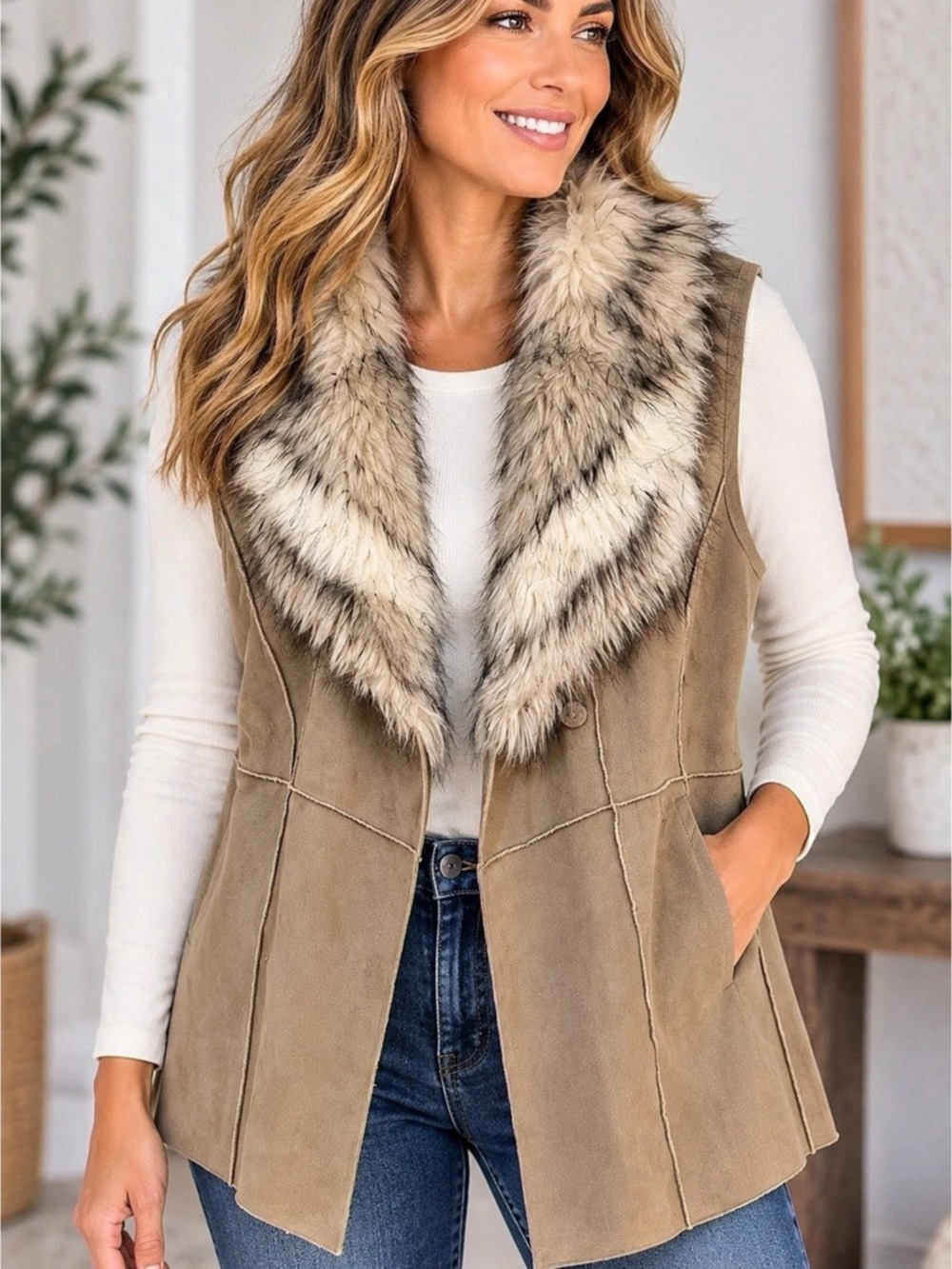 Faux Fur Collar Suede-Look Vest in Brown